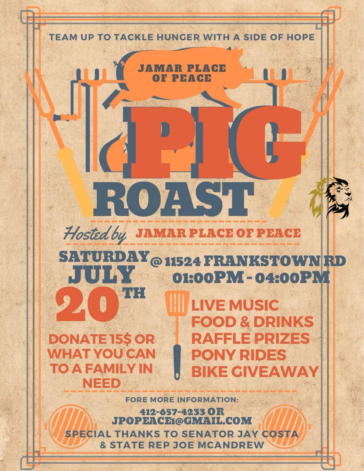 Flyer for Pig Roast event with Jamar Place of Peace, taking place 1pm t 4pm on July 20, 2024 at Saint James Episcopal Church (11524 Frankstown Road, Pittsburgh, PA 15235), with activities such as live music, food & drinks, raffle prizes, pony rides, and a bike giveaway. For more information: Call 412-657-4233 or email jpopeace1@gmail.com.